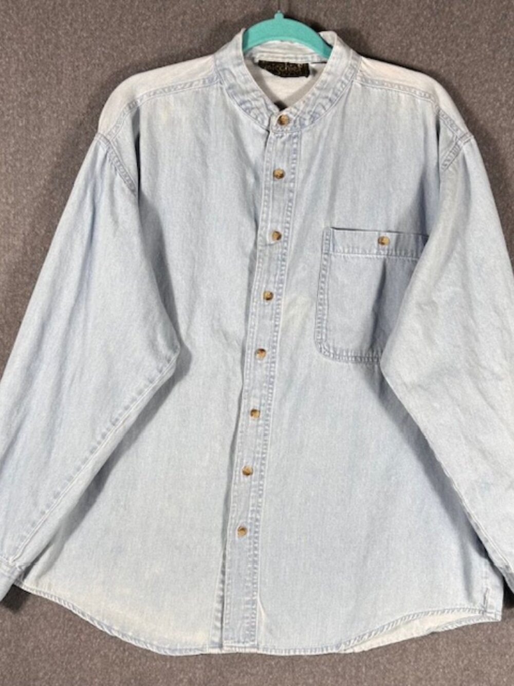 Vtg Mischief Denim Button Down Shirt Mens Sz Lg Bandcollar Long Sleeve Pocket